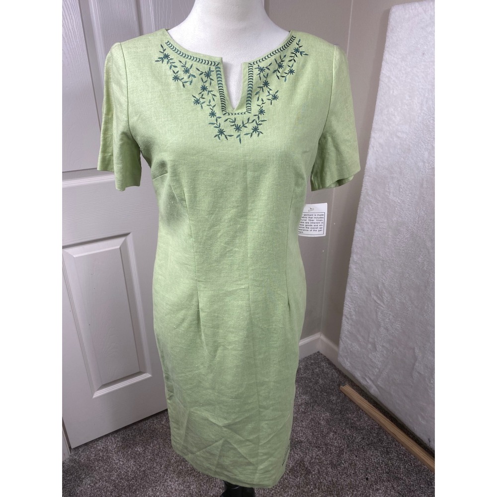 Melissa Petites Collection Linen Blend Dress Embroidered Green Sheath 4P Vintage